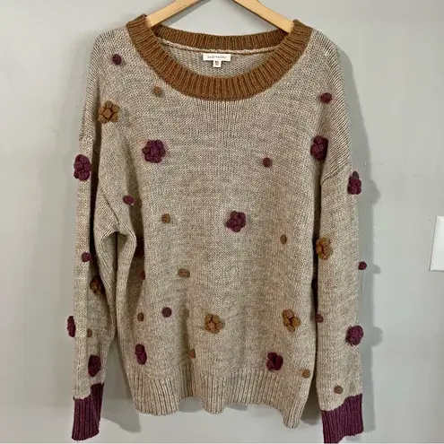 AndTheWhy Pom Pom Knit Sweater M/L Wool Blend Boho Cottagecore Neutral Tan Size L