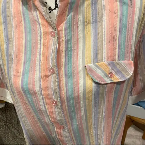 Vintage 80’s? pastel stripe gauzy peter pan collar cotton breezy blouse Yellow Size XL