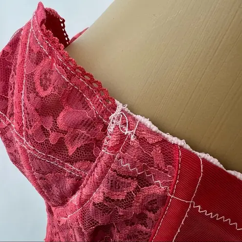 Goddess (36B) American VINTAGE 90s Red and Pink Hand Dyed Floral Lace Bustier Size undefined