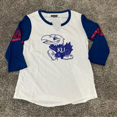 5th & Ocean Kansas Jayhawks Women’s Glitter Bling Logo 3/4 Sleeve Raglan Raw Hem Sz Large
