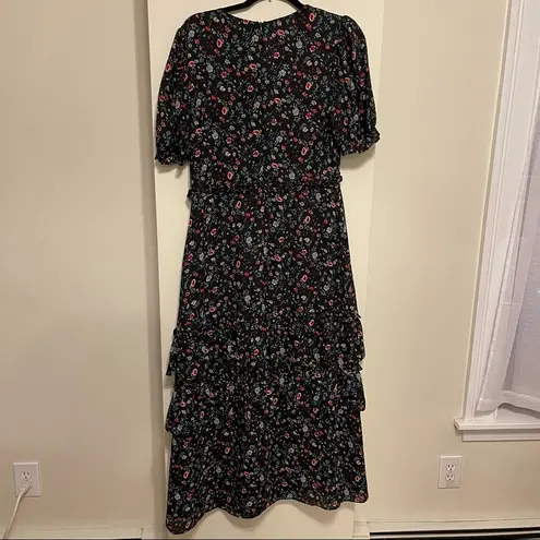 Towowge Black Floral Short Sleeve Ruffle Midi Dress Size Medium