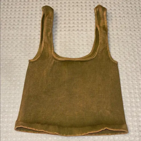 Free People NEW!  HAPPINESS RUNS SQUARE NECK Ribbed Crop Top XS/S Gold Green Tan