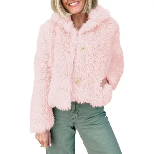 Cropped Faux Fur Coat Medium Pink Pockets Button Down Fluffy Jacket Plush NEW