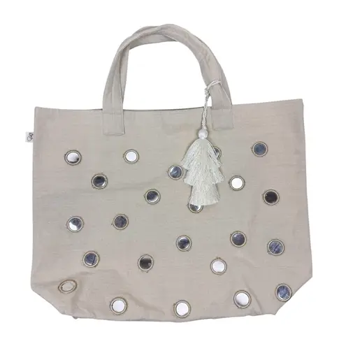 Quilted Koala Boho Large Mirror Tote Bag Stone Natural Beige with Tassel