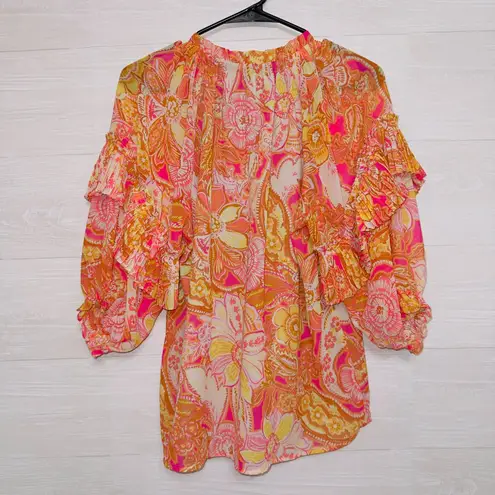 Dress Forum Women's Size Small Orange Floral Print Chiffon Ruffle Sleeve Top