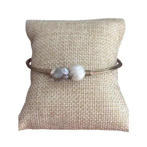 Gold Tone Wire Bangle Bracelet Genuine Pearl Glass Bead Stations Stack 8"