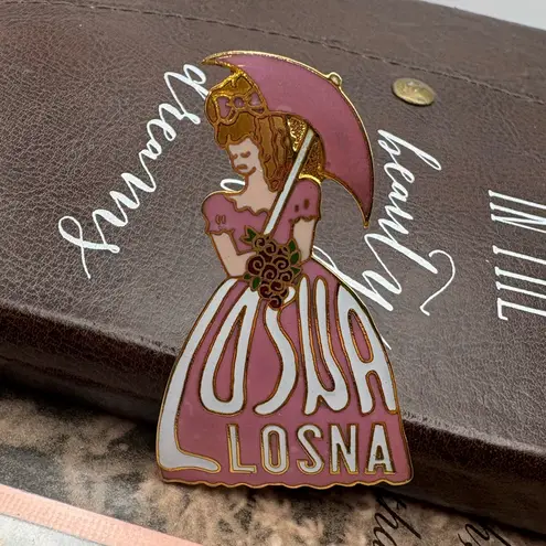 Vintage LOSNA Enamel Brooch Southern Belle Pink Parasol Pin 2.25”