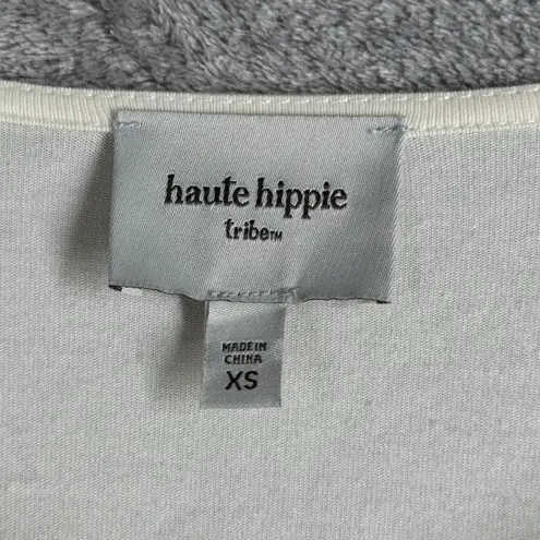 Haute Hippie Tunic Top Studded Trim 3/4 Sleeve Boho Chic Blouse Neutral Women XS