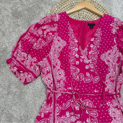 Ann Taylor  Bandana Paisley Wrap Maxi Dress V-Neck Shortsleeve Hi-Low Pink Boho 8