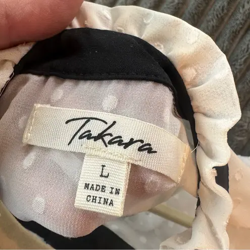 Takara White Sheer Dotted Swiss Prairie Blouse with Black Bow size Large