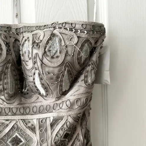 Sue Wong Nocturne Silver Satin Beaded Geo Strapless Mini Cocktail Dress NWT 2