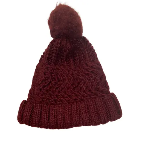 West Loop  Knit Pom Pom Beanie Hat Fold Over Burgundy One Size Fits Most