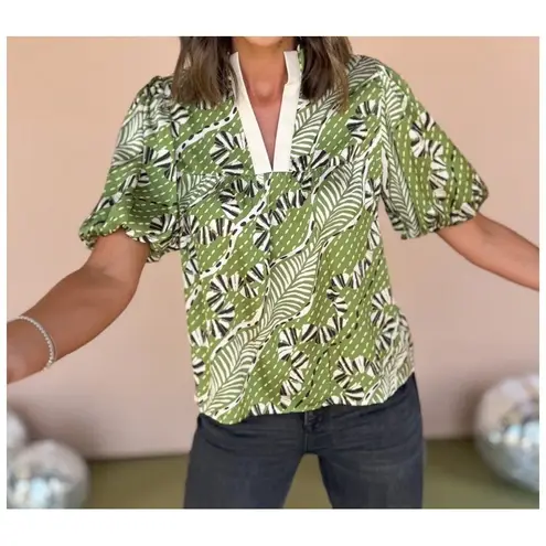 THML NWT Green Palm Print Top Faux Leather Trim Puff Sleeve Blouse Size XS