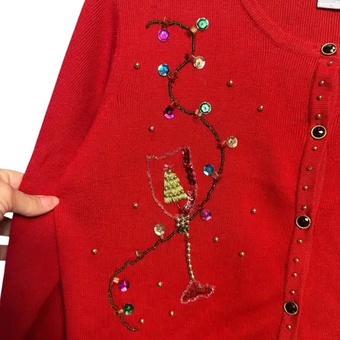 KIKIT Christmas Cardigan Size M Red Beaded Sequins Flower Martini Snowman Lights Size M