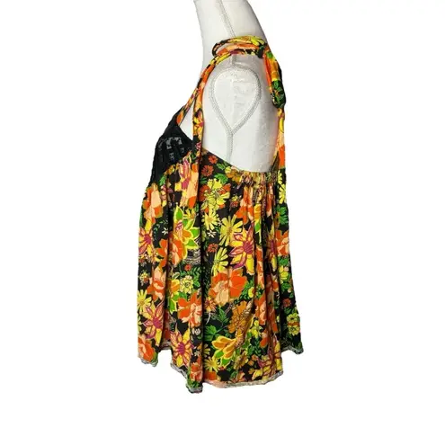 Free People  Bali Moroccan Flowers Black Colorful Tie Strap Tank Top XS