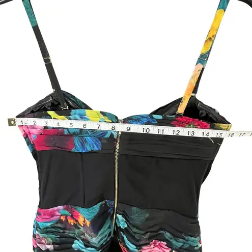 Bebe  Bustier Corset Top Womens 8 Black Multicolor Floral Pleated Lined Coquette