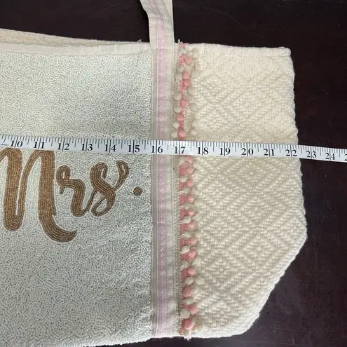 Shirdee Mrs. Canvas Tan Tote Shoulder Bag Beaded Seed Beads Pom Pom Trim Cotton