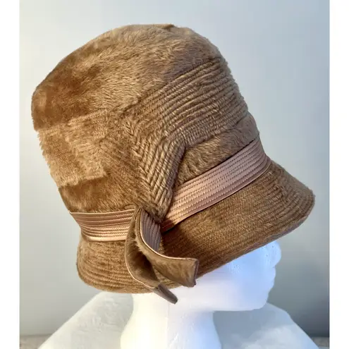 Womens Cloche Hat Bowler Hat Tan Faux Fur Mod Satin Sash Bow Germany 8" Vintage