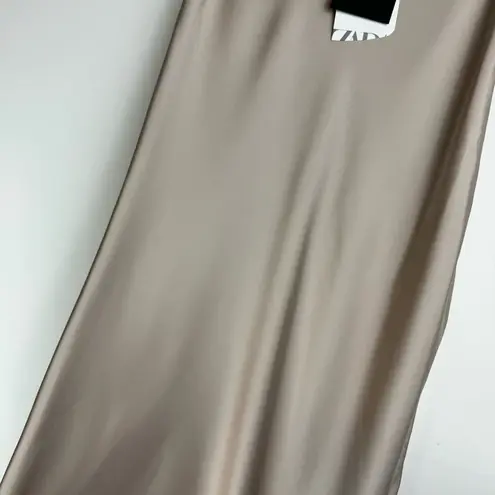 ZARA NWT  Satin Midi Skirt Sz XS Champagne Ruched Pleated High Rise Waist