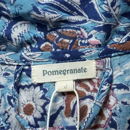 NWT Pomegranate Blue Floral Shifty Shirt Dress Cotton Maxi Belt Button Size XL
