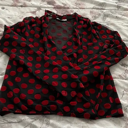 ZARA  Trafaluc red dots black sheer open front boho long sleeve blouse, size S