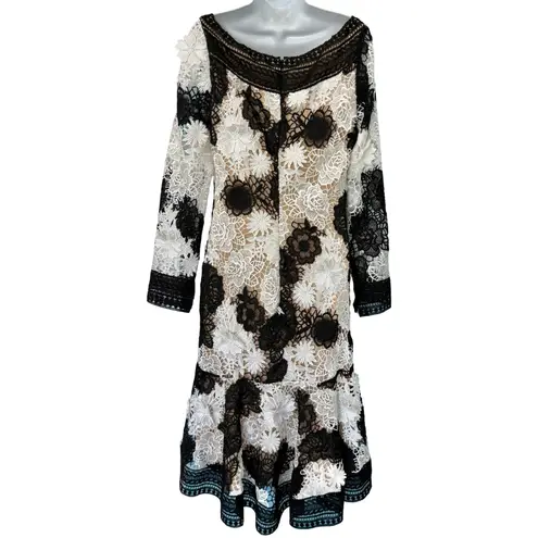 Naeem Khan Black White Nude Floral Lace Long Sleeve Mermaid Dress sz 10 NEW Tags