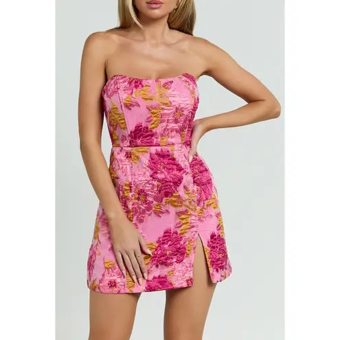 Showpo Brailey mini dress strapless in pink jacquard Floral Size 6