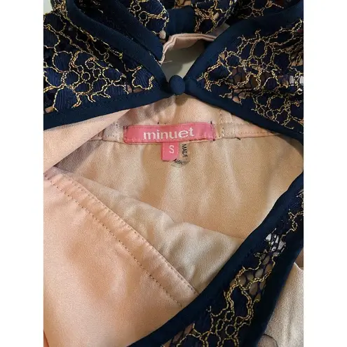 Minuet Deep Blue Pink Midi Bow Detail Lace Embroidered Dress Size Small Wedding