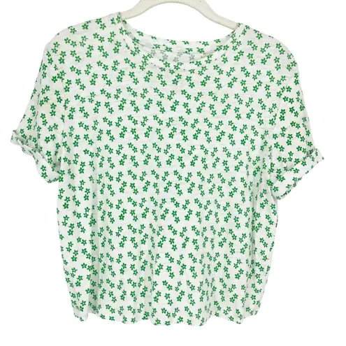 Boden 100% Linen Short Sleeve Boxy Crop Shirt Ivory Green Ditsy Floral Size 2