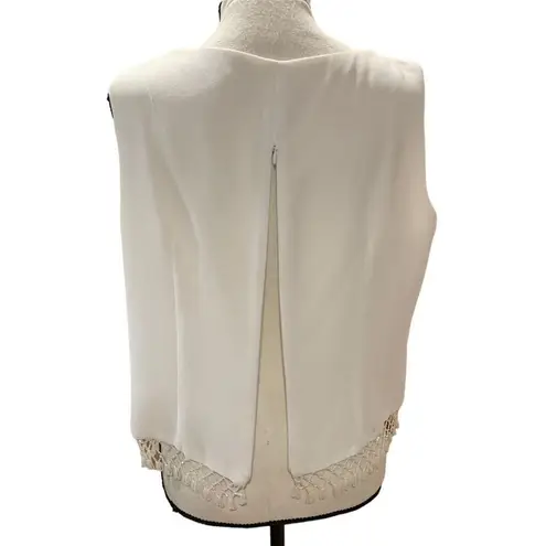 Vintage 80s 90s White Silk? High Neck Top Beaded Open Weave Hem Women Medium