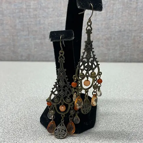 Bohemian Chandelier Earrings Bronze Tone Orange Gemstone Dangle Drop Fairycore Brown