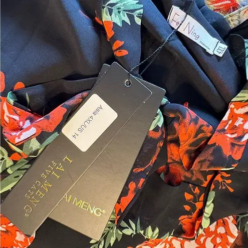 Black Red Floral Tie Bow Neck Maxi Long Dress Sheer Long Sleeve size 14 NWT