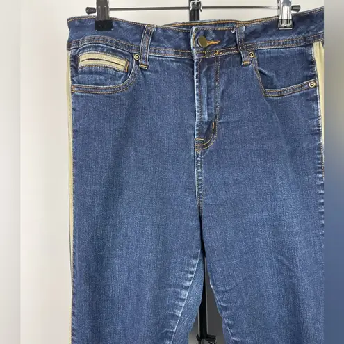 Soft Surroundings Blue Dark Wash Faux Leather Tuxedo Side Stripe Skinny Jeans