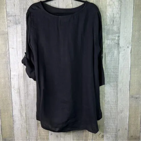 Caroline Rose Linen 1X Black Crewneck 3/4 Tabbed Sleeves Tunic Top Oversized