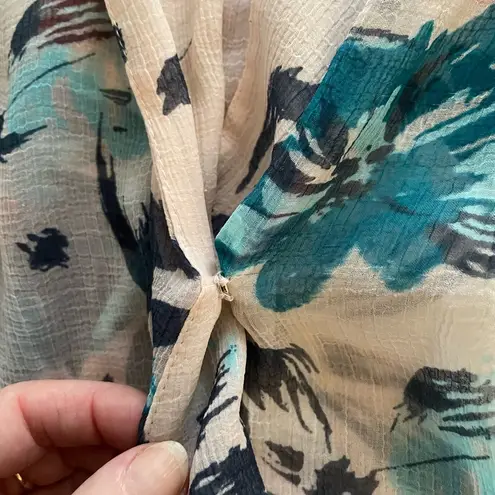 Chelsea28 floral faux wrap sheer 3/4 sleeves white & blue blouse size S bohemian