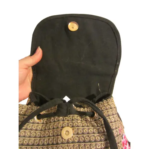 Boho Embroidered Floral Backpack Black Red Rose Folk Festival Bag