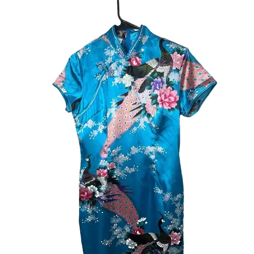 Laogudai Blue Peacock Floral Mandarin Collar Chinese Style Cheongsam Dress M Size M