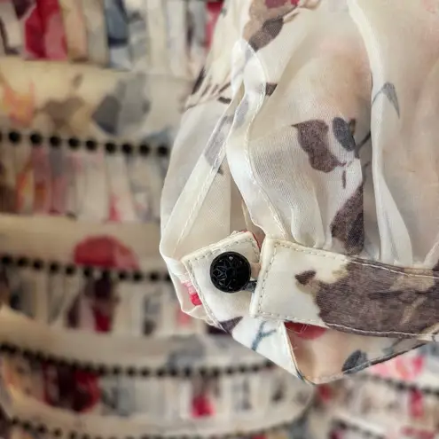 Zimmermann Cream and Red Floral Ruffle Blouse with High Collar