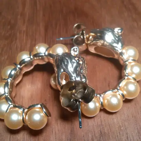 Golden Shell Pearl and Leopard Lock Goldtone Half Hoop Earrings