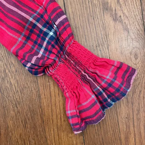 Kensie   Long Bell Sleeve Red Shoulder Ruffle Plaid Blouse Women’s Size Medium
