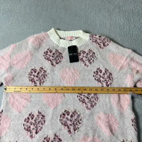 Glitz & Ears Sweater Womens M Pink Cream Fuzzy Leopard Heart Pearl Sweater NEW Size M