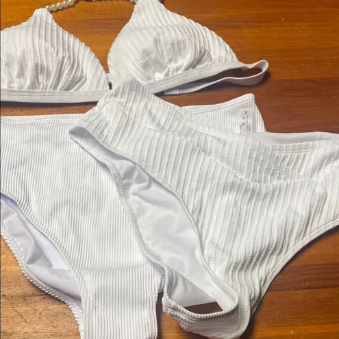 White Striped Bikini Set with Pearl detail Size 1X