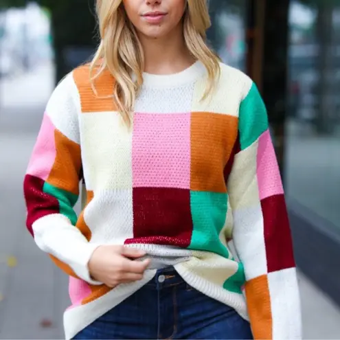 Haptics by Holly Harper Colorful Color Block Checker Knit Sweater Size Small Green - Image 3