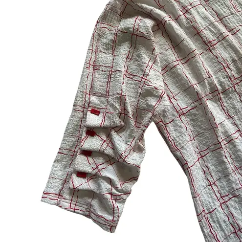 Ali Miles 2X Windowpane Contrasting Tunic Blouse Button 3/4 Sleeve red white