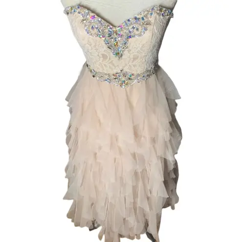 Masquerade Sweetheart Tulle Ruffle Tiered Formal Prom Dress Corset in Champagne