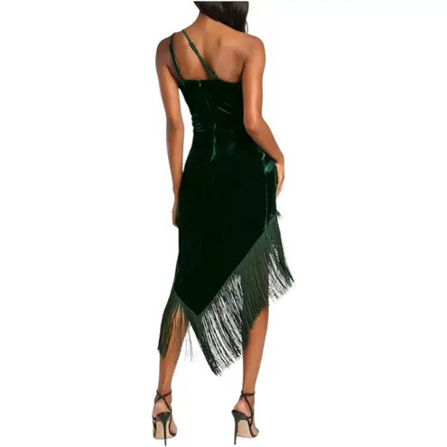 Lulus NWT  Fringe For Life Velvet Green One Shoulder Fringe Dress SMALL