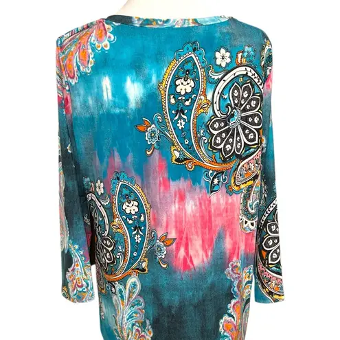 Simply Obsessed Paisley Print Teal and Pink Women's Top Blue Size L