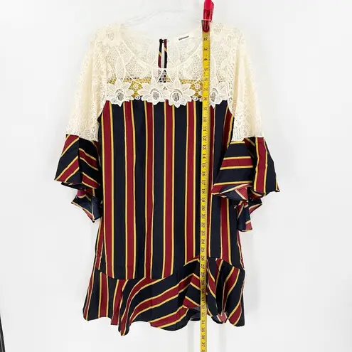 Bluheaven Black Red Striped Bell Sleeve Ruffle Hem Lace Shift Dress Size Medium