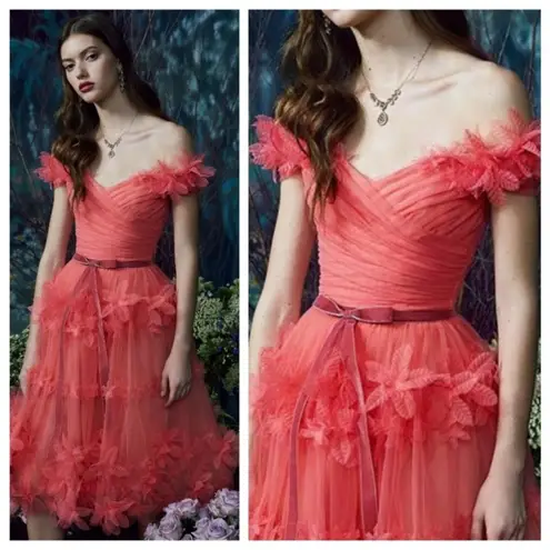 Marchesa Notte Off Shoulder Tulle 3D Floral Midi Gown Dress Size 0 Pink Tiered