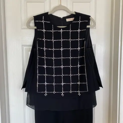 Tory Burch  Betsy Jumpsuit Beaded Black White Metallic Size Small Elegant Chic